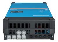 Bottom view of Victron Quattro-II showing cable entry ports and status switch