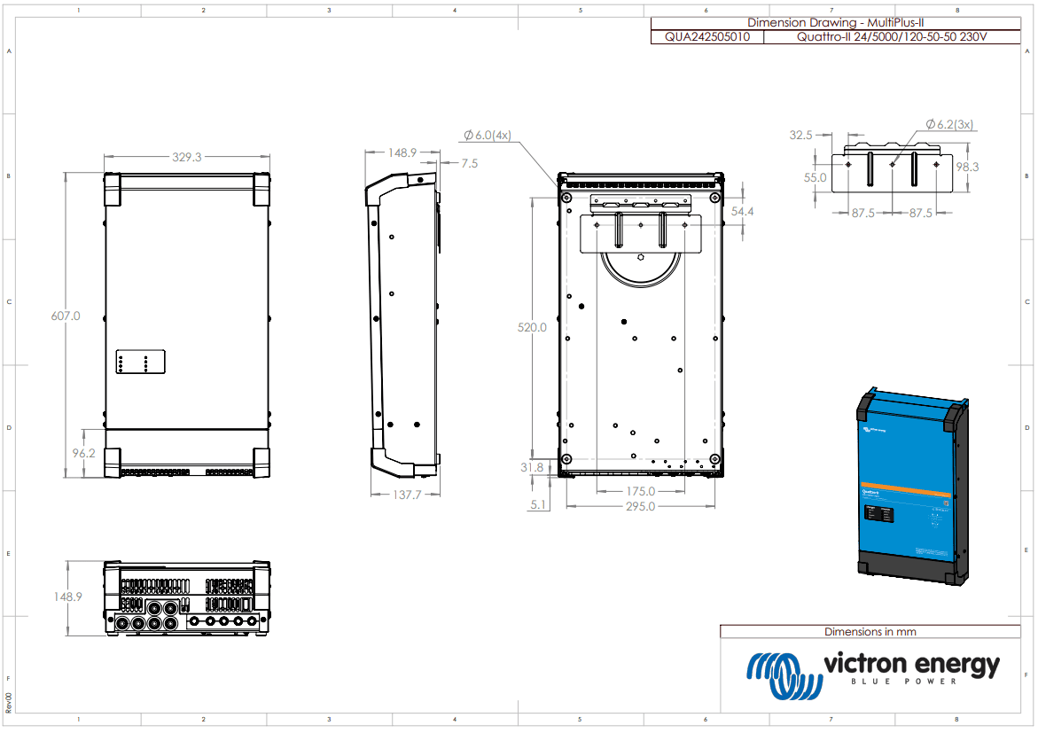 Dimensional drawing of the Victron Quattro-II 24/5000 showing 607mm height