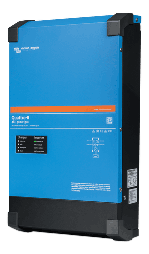 Side angle view of the Victron Quattro-II 48V 5000VA inverter charger enclosure