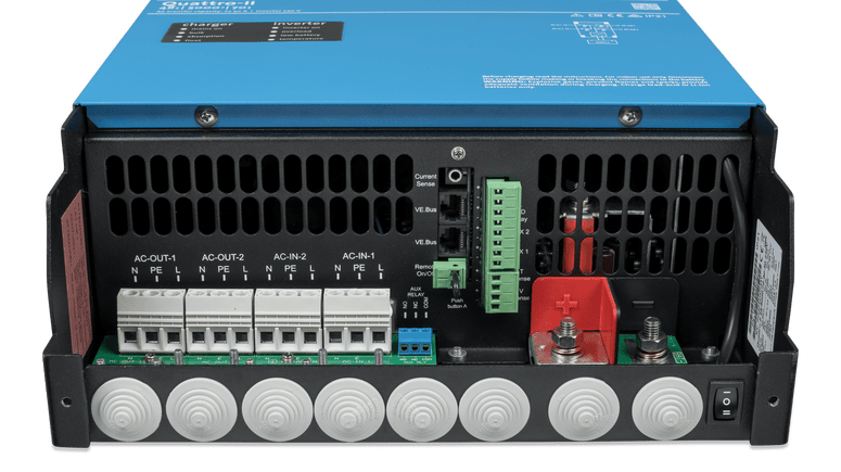 Internal view of Victron Quattro-II AC and DC connection terminals