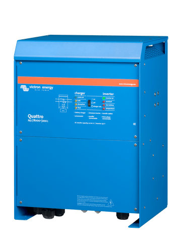 Angled view of the blue aluminium enclosure for the Victron Quattro 8000VA inverter charger