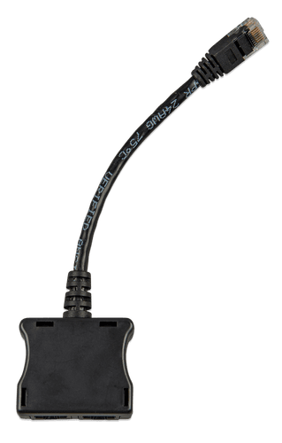 Underside view of the RJ45 splitter and male connector on black cable