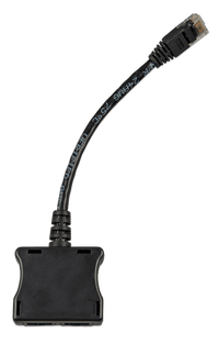 Underside view of the RJ45 splitter and male connector on black cable