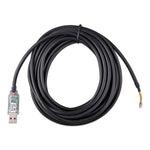 Coiled black 5m RS485 to USB interface cable with stripped wire ends and USB-A plug