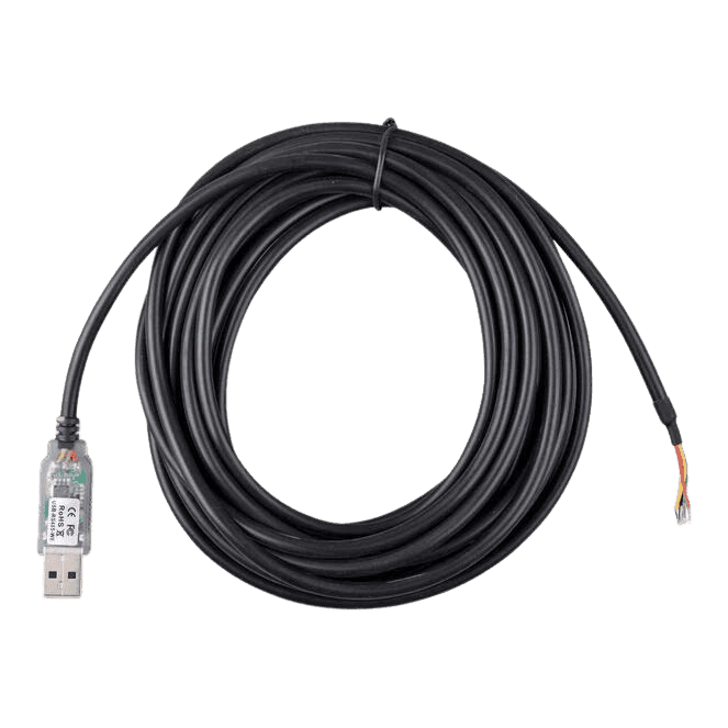 Coiled five metre Victron RS485 to USB interface cable with USB-A connector and stripped wire ends