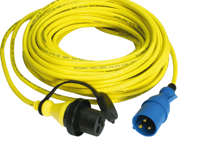 Coiled 15m yellow shore power cord with 16A 250V blue plug and weatherproof female connector