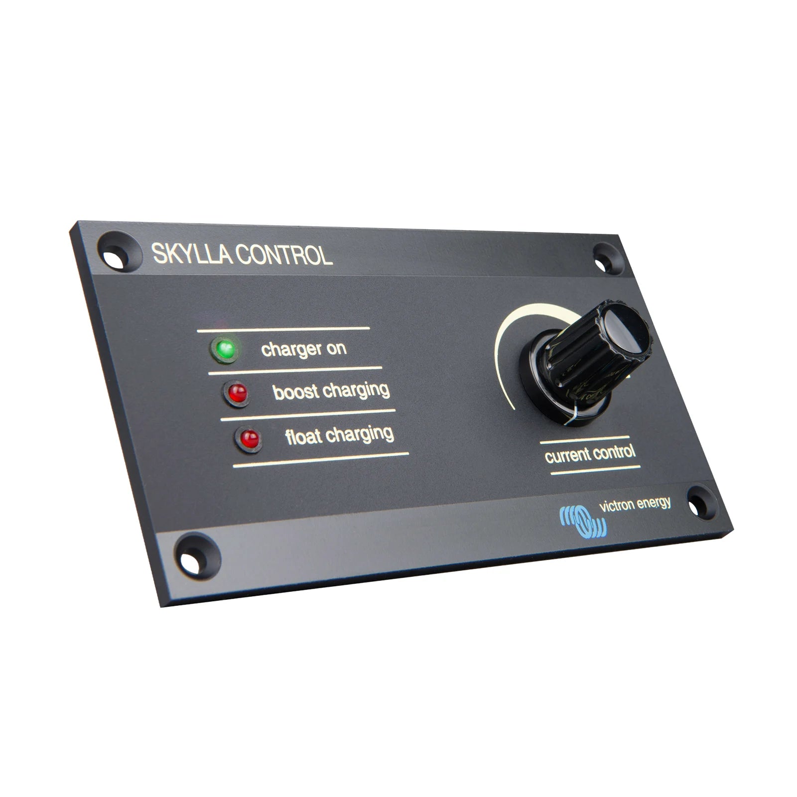 Black metal control panel with status LEDs and a current control dial for battery charger management