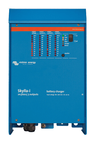 Front view of Victron Skylla-i 24V 100A battery charger with status LED indicators