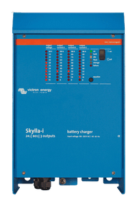 Front panel of a blue Victron Skylla-i 24V 80A battery charger with LED status display and power switch