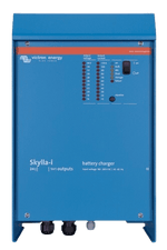 Front view of a blue Victron Skylla-i 24V 80A battery charger showing LED status display and power switch