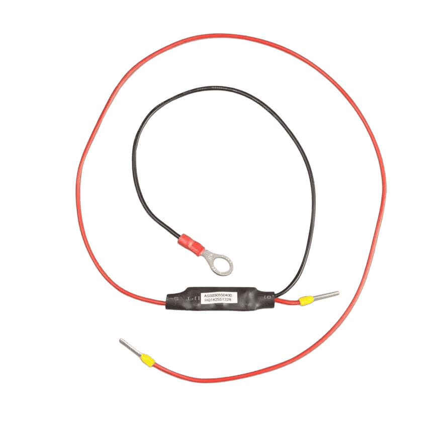 Victron Skylla-i remote on-off cable featuring a black wire with a ring terminal and a red wire with two pin terminals