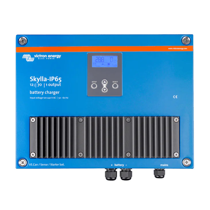 Front view of Skylla-IP65 battery charger featuring LCD, navigation buttons and large cooling fins