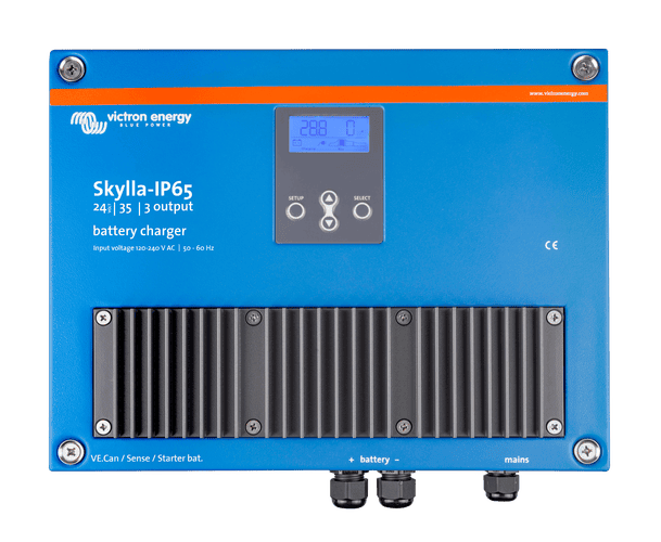 Front view of blue Victron Skylla-IP65 24V 35A battery charger with LCD display and cooling fins