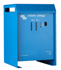 Front view of a blue Victron Skylla-TG 24/30 battery charger featuring LED status indicators and a power switch