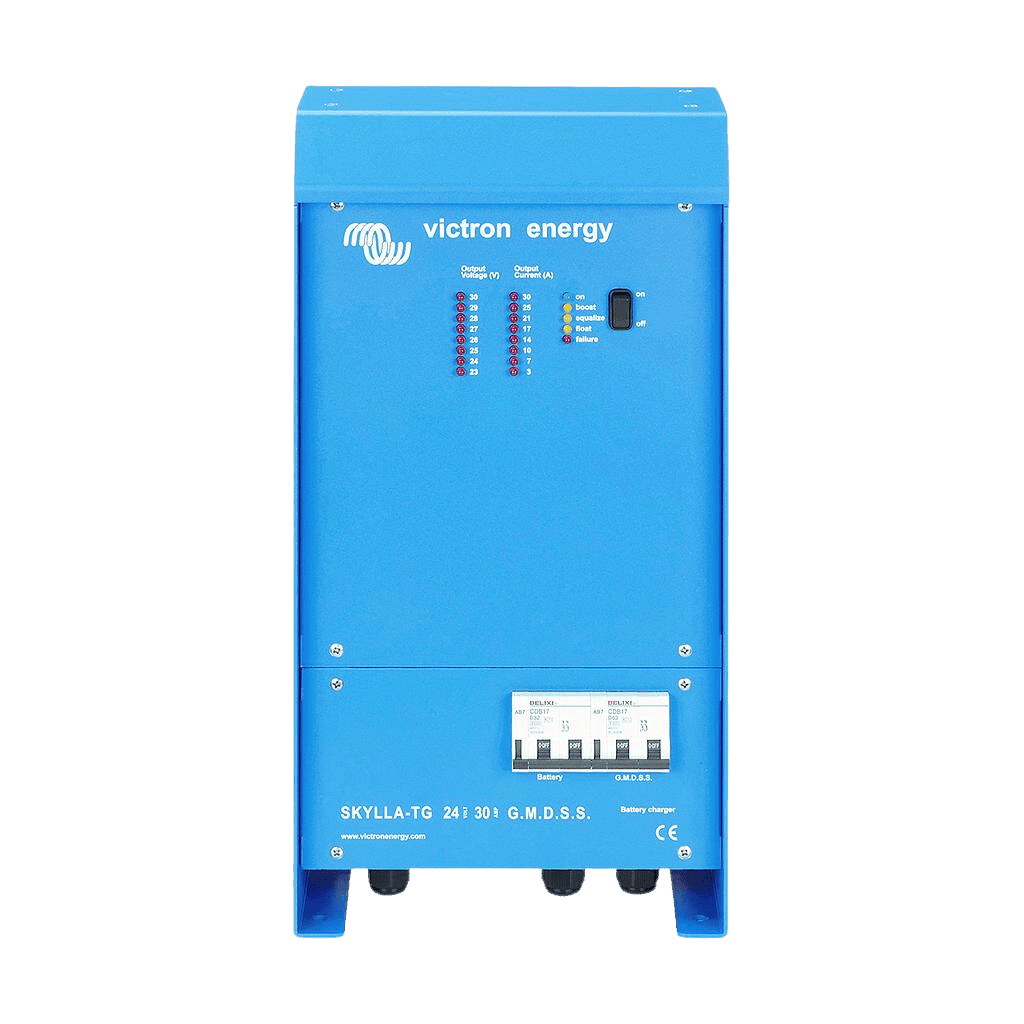 Front view of a blue Victron Skylla-TG 24V 30A GMDSS battery charger with LED displays and circuit breakers