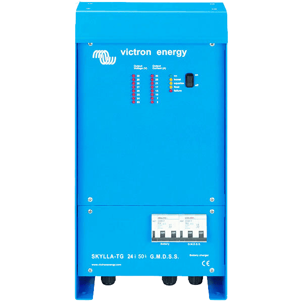 Front view of blue Victron Skylla-TG 24/50 GMDSS battery charger with LED displays and circuit breakers
