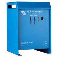 Front view of a blue Skylla-TG 24V 80A battery charger featuring LED status indicators and a power switch