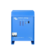 Front of a blue 24V 30A battery charger with status LED display, power switch and circuit breaker
