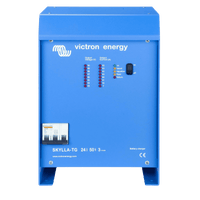 Front view of Victron Skylla-TG 24V 50A battery charger with LED display panels and circuit breaker