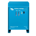 Front view of blue Skylla-TG 24V 50A battery charger showing voltage and current LED displays