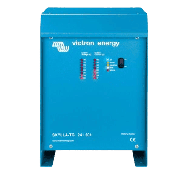 Front view of blue Skylla-TG 24V 50A battery charger showing voltage and current LED displays