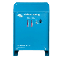 Front view of blue Skylla-TG 24V 50A battery charger showing voltage and current LED displays