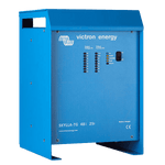 Front view of blue Victron Skylla-TG 48/25 battery charger showing LED status panel and power switch