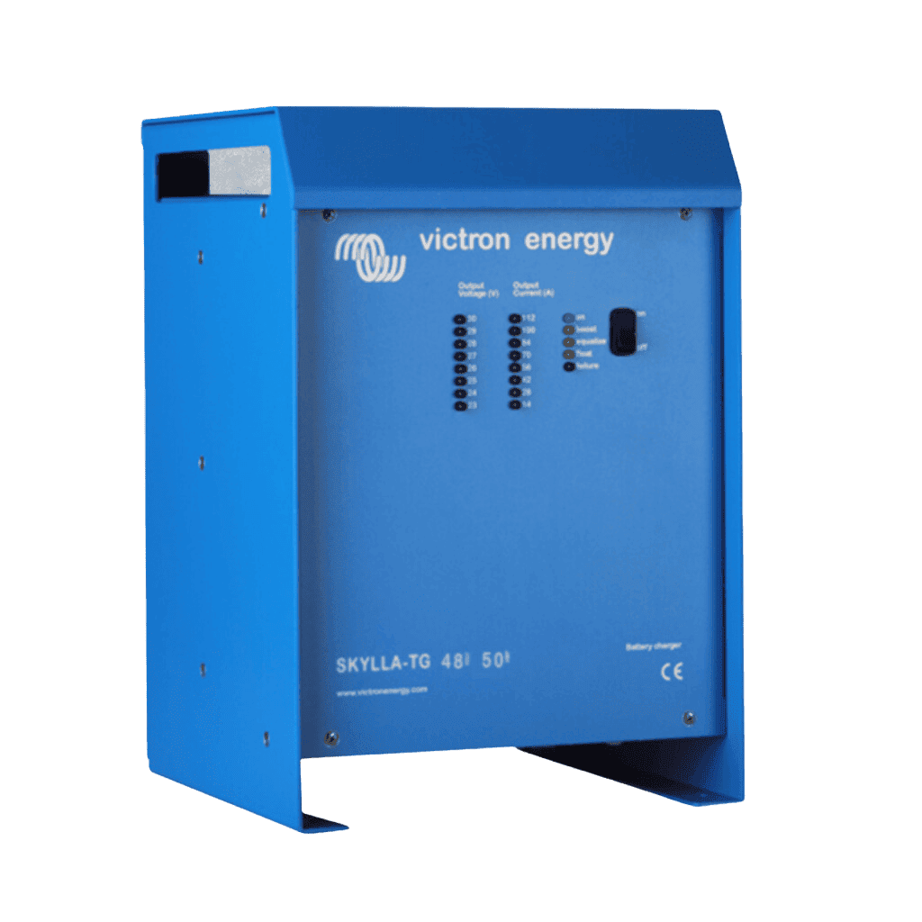 Blue Victron Skylla-TG 48V 50A battery charger front view showing LED status indicators and power switch