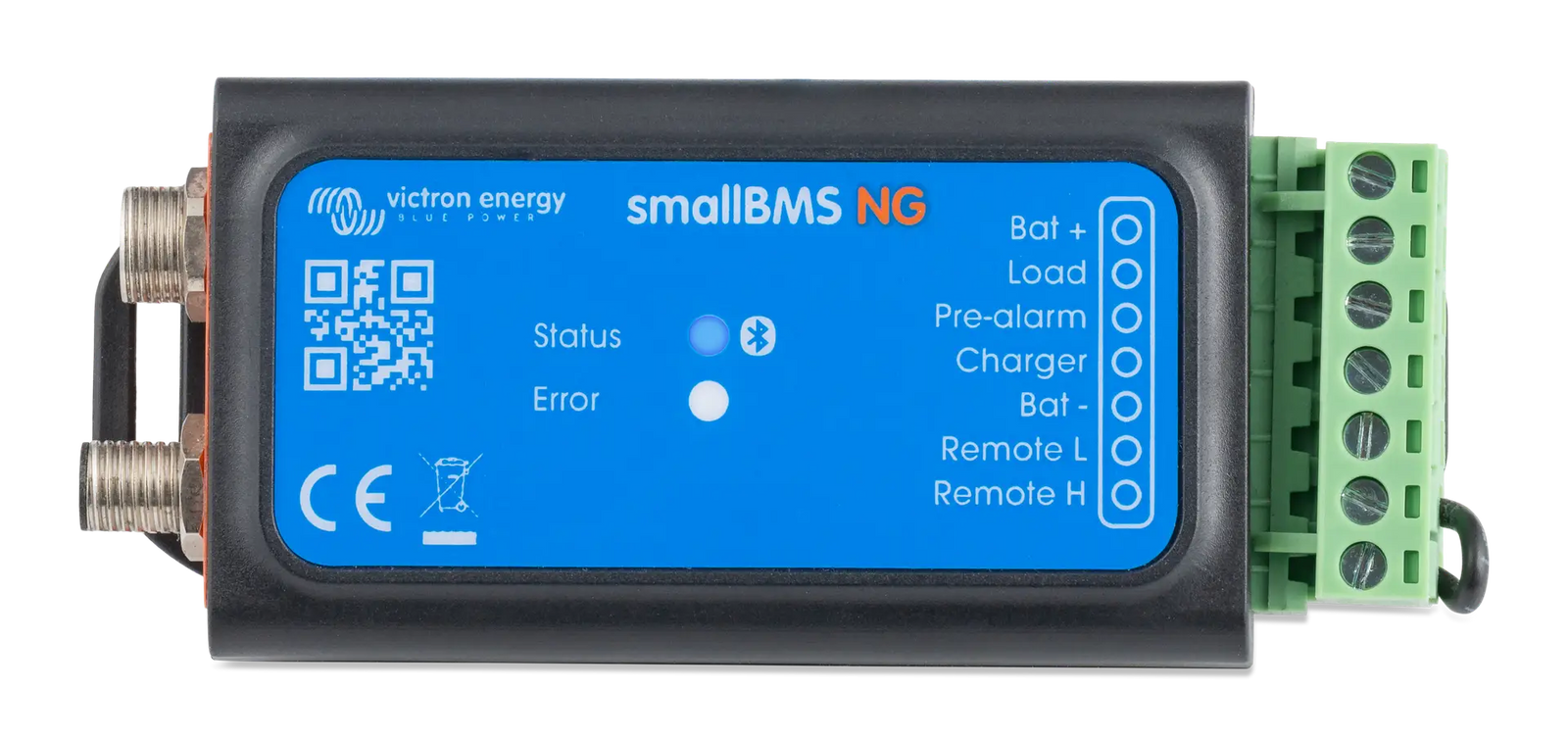 Top-down view of Victron smallBMS NG showing status LEDs and connection terminal labels