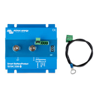 Top-down view of Victron Smart BatteryProtect 220A with M8 terminals, display and connector cable