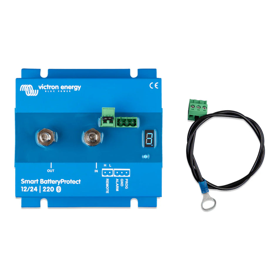 Top-down view of Victron Smart BatteryProtect 220A with M8 terminals, display and connector cable