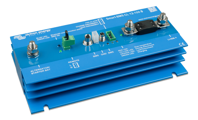Isometric view of a blue Victron Smart BMS CL 12/100 battery management system with terminal studs and heat sink