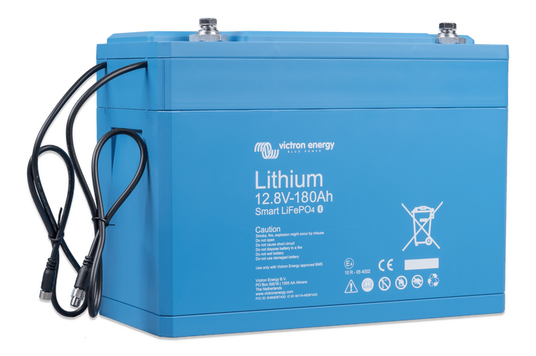 Side perspective of 12V 180Ah Victron lithium battery showing BMS cable entry points