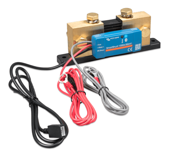 Wide angle view of the Victron SmartShunt 1000A battery monitor with wiring