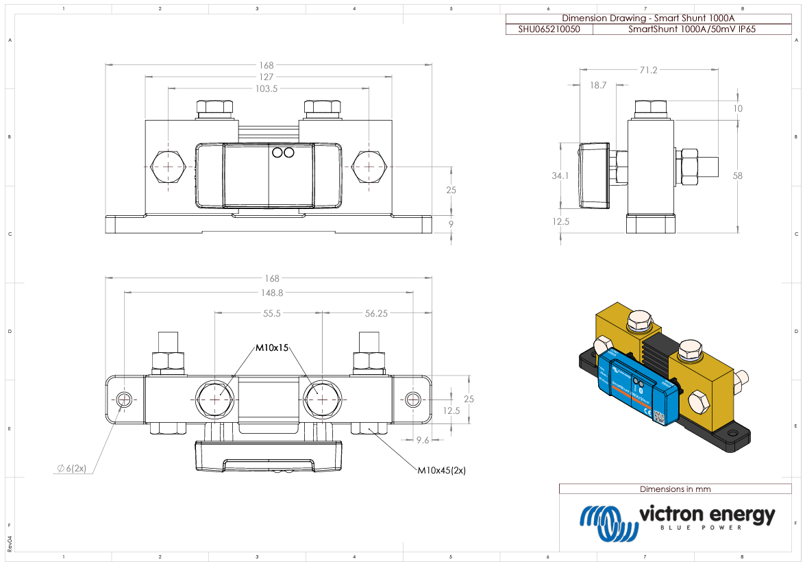 Technical dimensional drawing for SmartShunt 1000A with detailed metric measurements