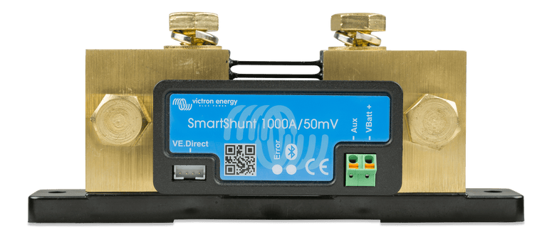 Front view of the SmartShunt 1000A unit showing VE.Direct and auxiliary input terminals