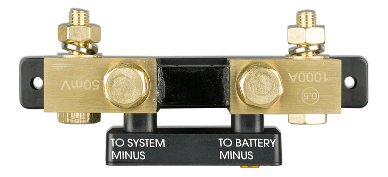 Top-down view of the SmartShunt highlighting negative connection points for battery and system