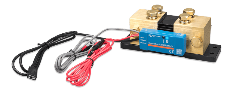 Perspective view of Victron 2000A SmartShunt with included fused power and auxiliary cables