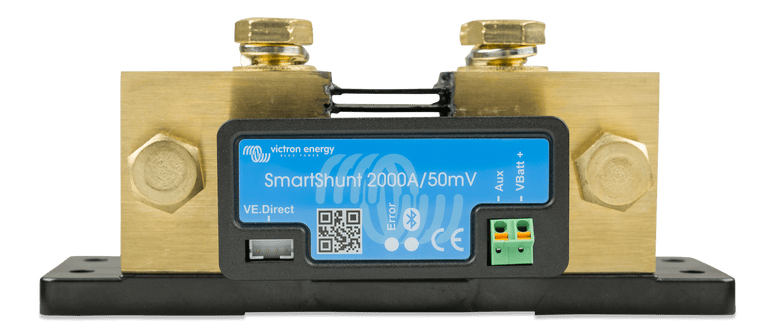 Front view of the Victron SmartShunt 2000A electronics module and terminal bolts on a black base