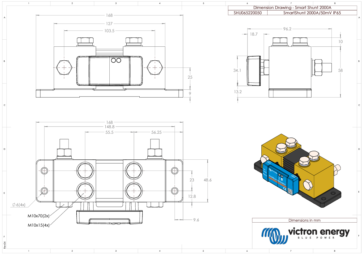 Technical dimensional drawing of the 2000A SmartShunt in millimetres