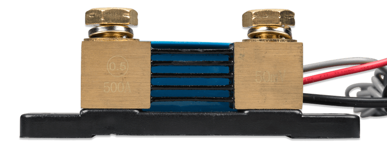 Rear view of 500A SmartShunt showing brass terminal blocks and integrated shunt element