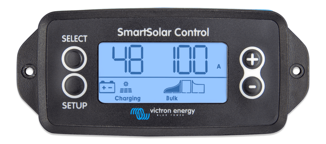 Front view of Victron SmartSolar pluggable LCD display with status icons and control buttons