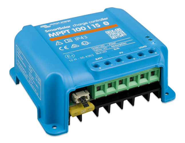 Side perspective of the blue MPPT 100/15 controller highlighting the status LED indicators