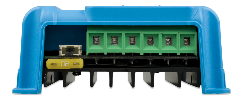 Detailed front view of the Victron controller terminal section, fuse, and cooling fins