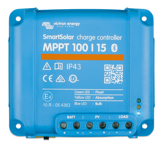 Top-down view of a blue Victron SmartSolar MPPT 100/15 Bluetooth charge controller