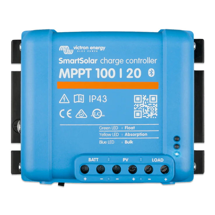 Front view of blue Victron SmartSolar MPPT 100/20 charge controller showing status LEDs and terminals