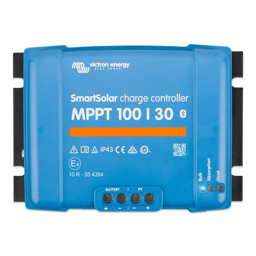 Front view of Victron SmartSolar MPPT 100/30 charge controller in blue