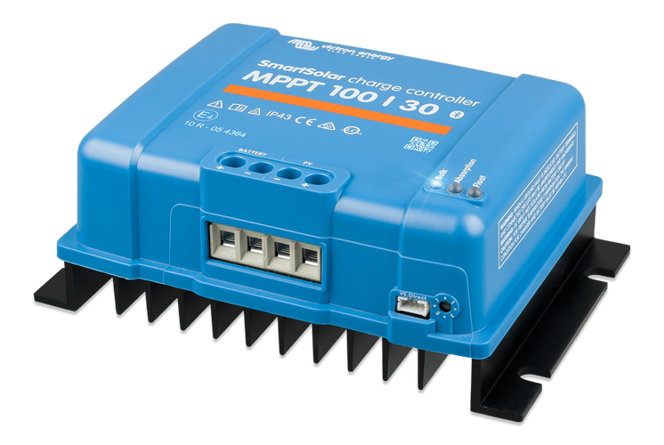 Isometric view of Victron SmartSolar MPPT controller showing heatsink and wiring ports