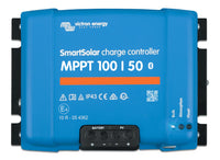 Front view of Victron SmartSolar MPPT 100/50 showing terminals and status LEDs