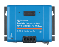 Front view of Victron SmartSolar MPPT 150/100-Tr VE.Can charge controller with blue housing and terminal covers